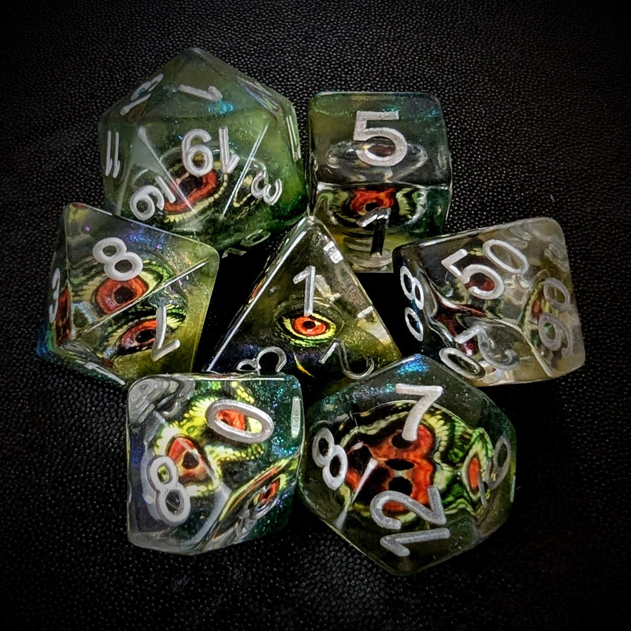 Demon Eye in Clear & Green Resin - 7pcs RPG Full Dice Set