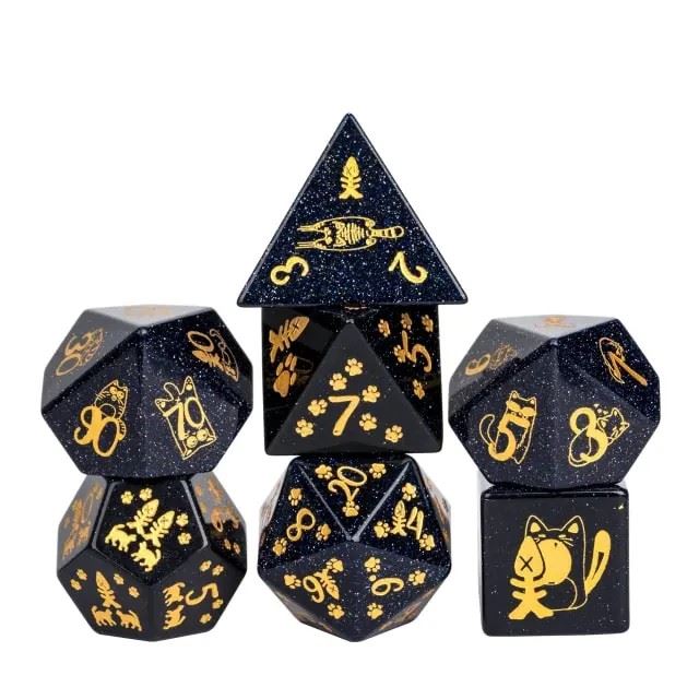 Cats on Blue Goldstone Gemstone - 7pcs RPG Dice Set