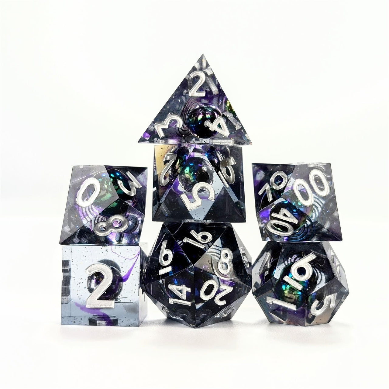 Bead Swirl in Purple & Clear Filled Sharp Resin - 7pcs RPG Dice Set
