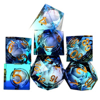 Thumbnail for Orange Eye Ball in Clear & Blue Liquid Filled Sharp Resin - 7pcs RPG Dice Set