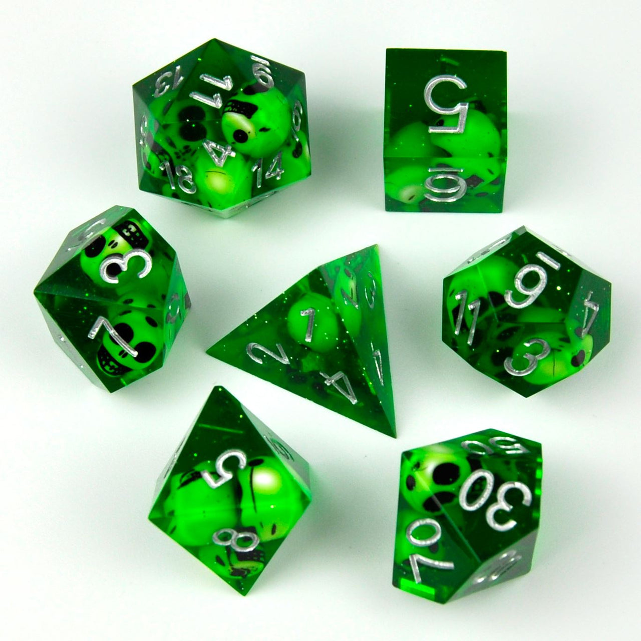 Skull in Green Filled Sharp Resin - 7pcs RPG Dice Set