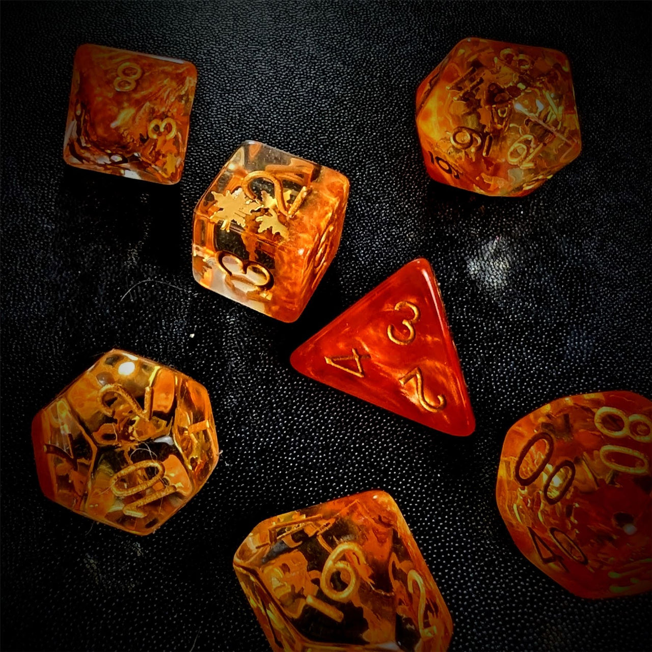 Leaves in Clear & Orange Resin - 7pcs RPG Full Dice Set