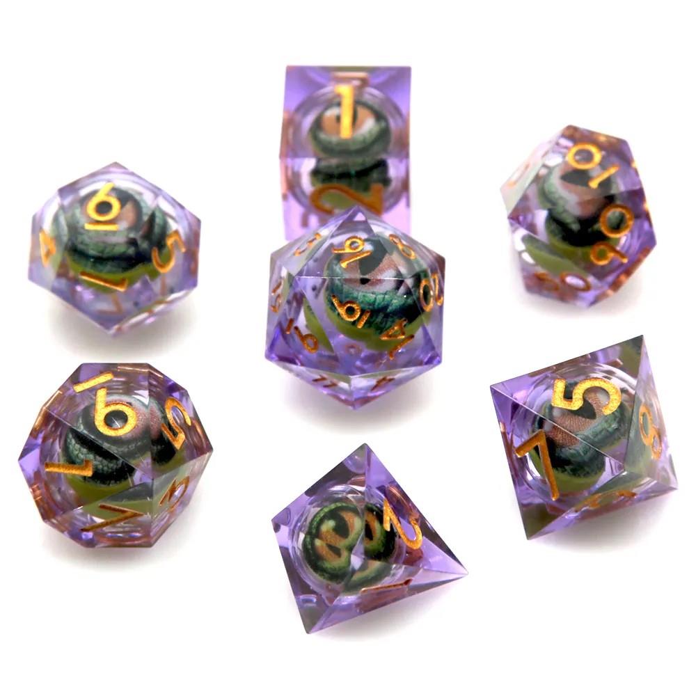 Green Dragon Eye Ball in Clear & Purple Filled Sharp Resin - 7pcs RPG Dice Set