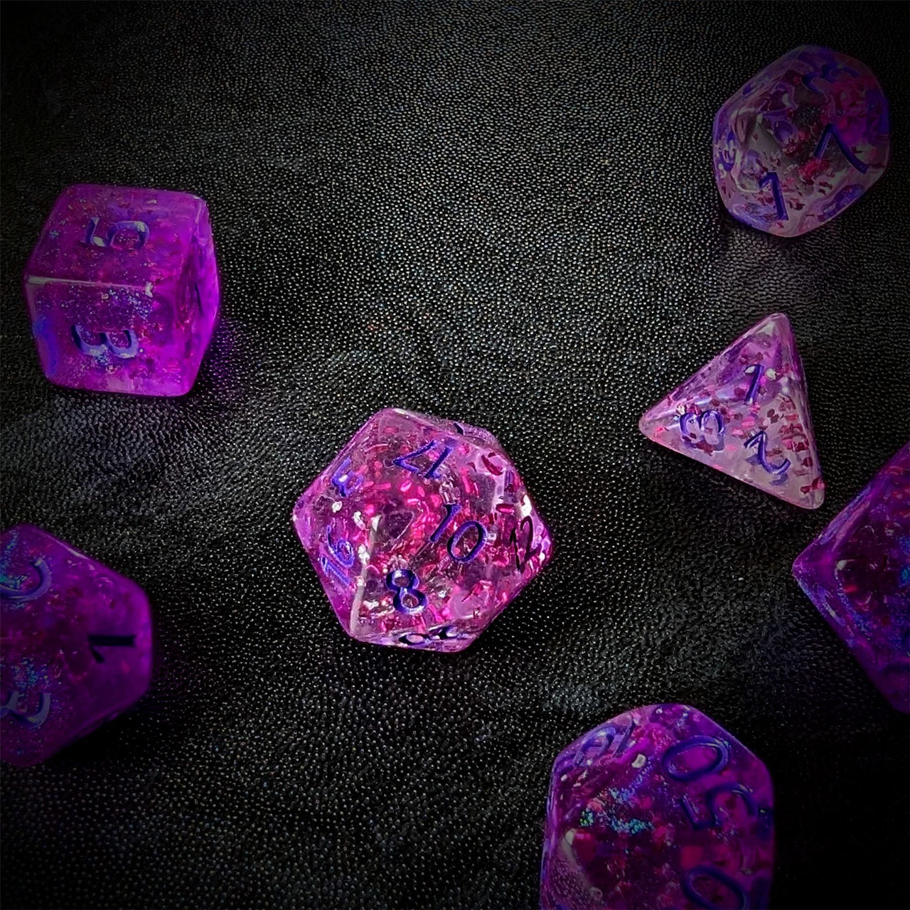 Glitter in Clear Pink Acrylic - 7pcs RPG Full Dice Set Scatter