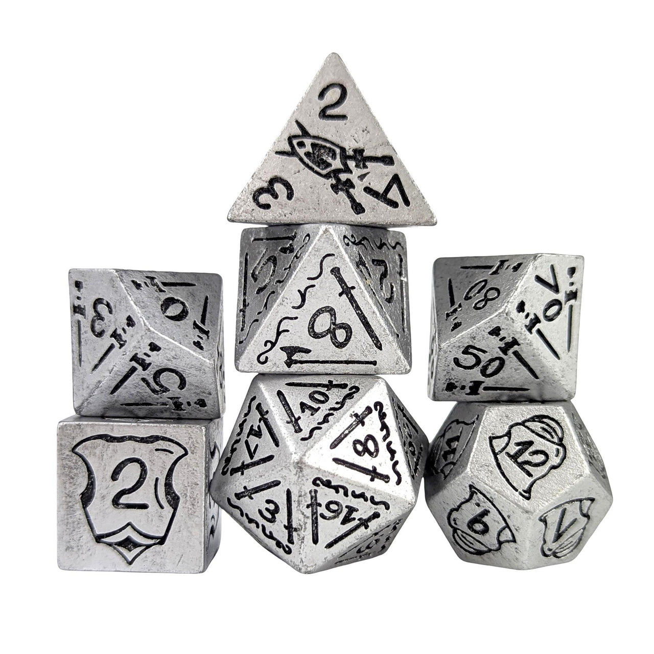 7pcs RPG Full Dice Set - Black Pattern on Silver Resin