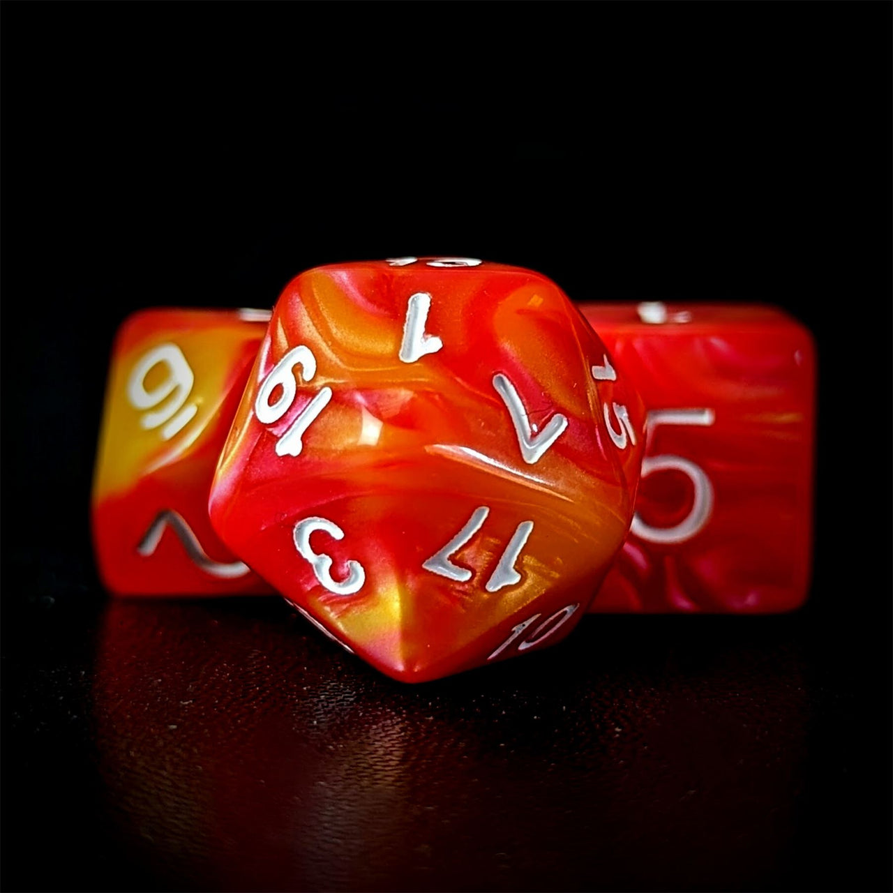 Red & Orange Silk Acrylic - 7pcs RPG Full Dice Set Close