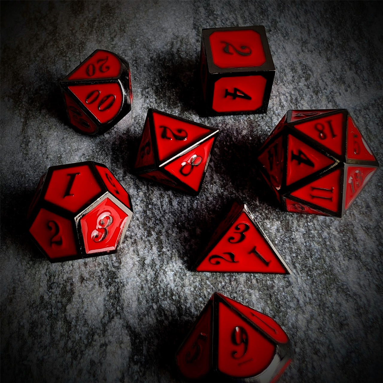 Red Enamel in Black Metal - 7pcs RPG Dice Set