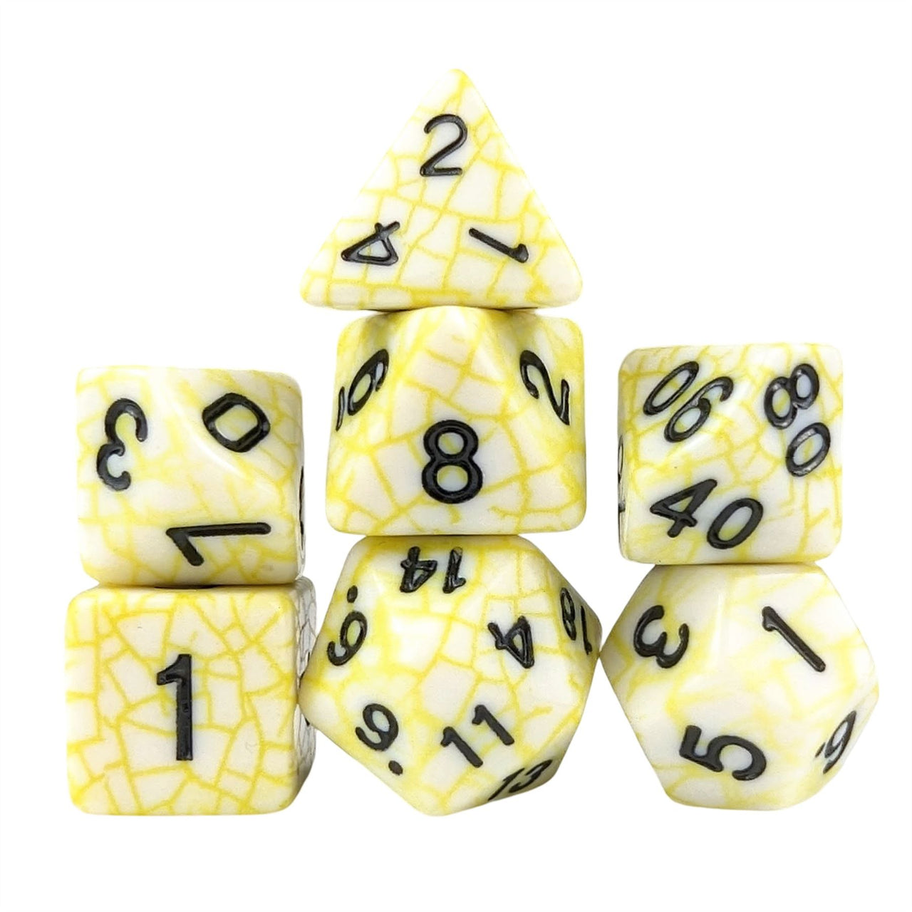 Cracked Yellow on White Acrylic - 7pcs RPG Full Dice Set White Stack