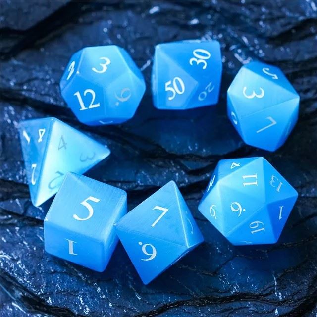 Sky Blue Cat Eye Gemstone - 7pcs RPG Dice Set