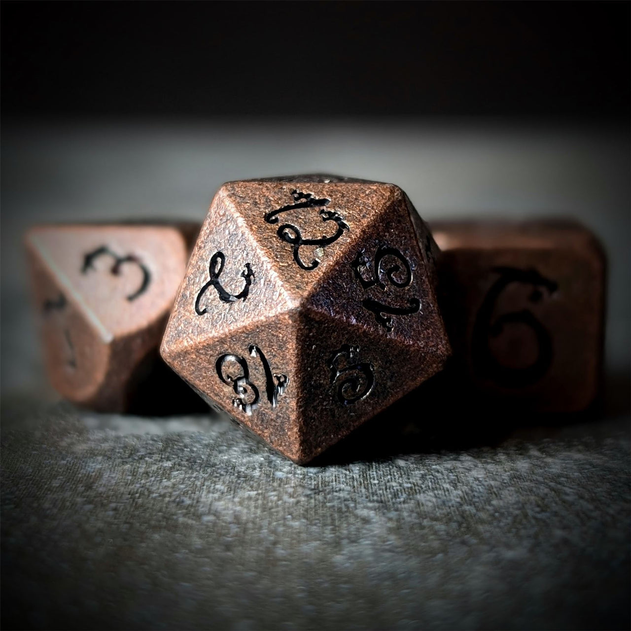 Copper Metal with Black Dragon Font - 7pcs RPG Dice Set