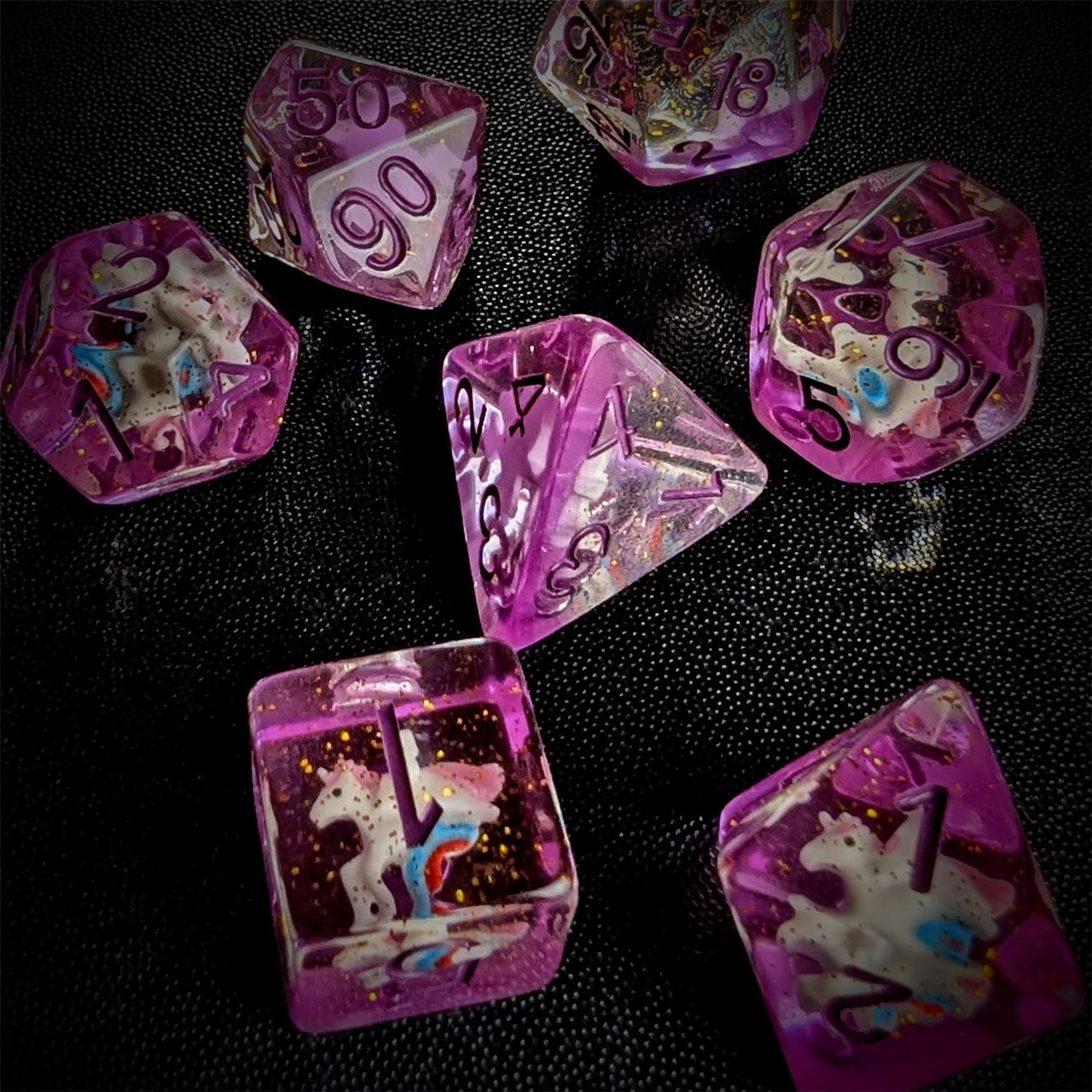 Unicorn in Clear & Purple Resin - 7pcs RPG Full Dice Set