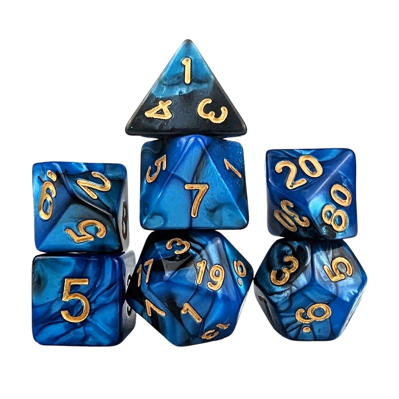 Blend of Black & Blue Acrylic - 7pcs RPG Full Dice Set White Stack