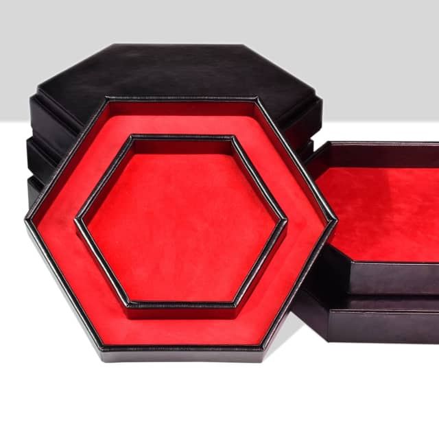 Red Velvet & Black PU Leather - Hexagon Lid Dice Tray