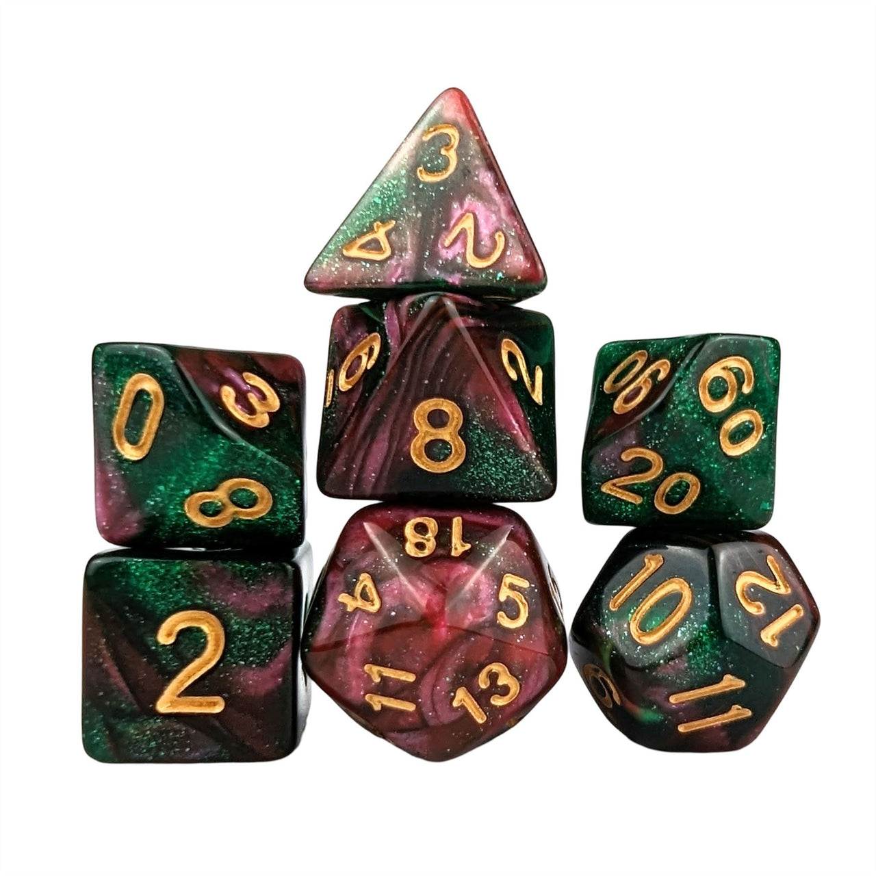 Glitter in Red & Green Acrylic - 7pcs RPG Full Dice Set White Stack