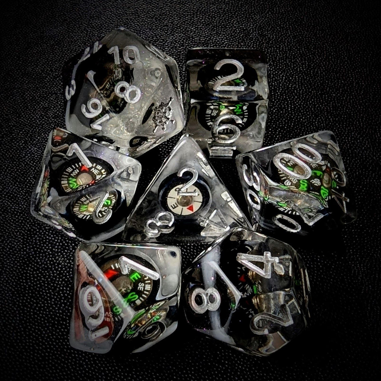 Compass in Clear & Black Resin - 7pcs RPG Full Dice Set