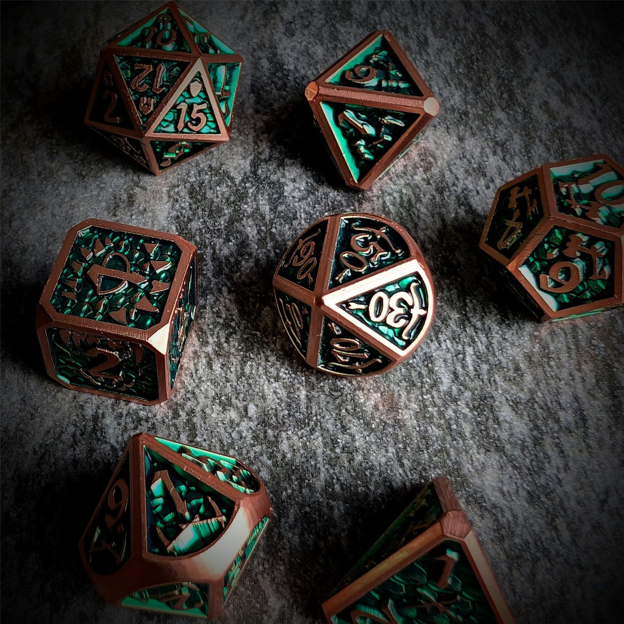 Forest Green Monster in Copper Metal - 7pcs RPG Dice Set