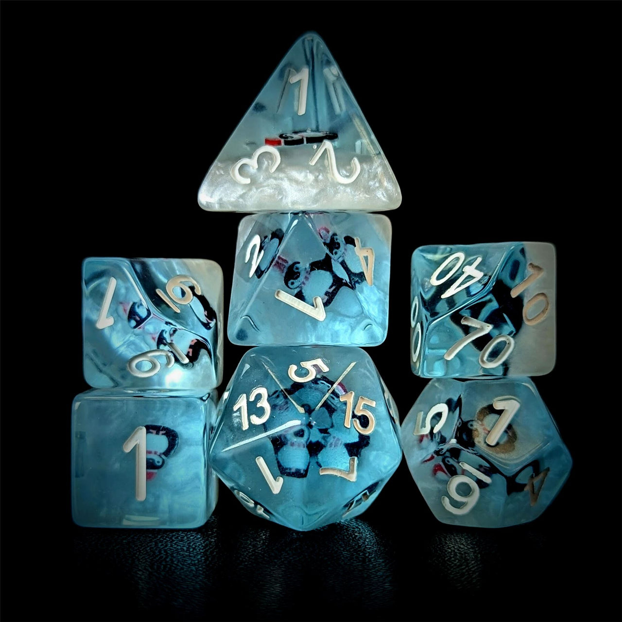 Penguin in Clear & Blue Resin - 7pcs RPG Full Dice Set