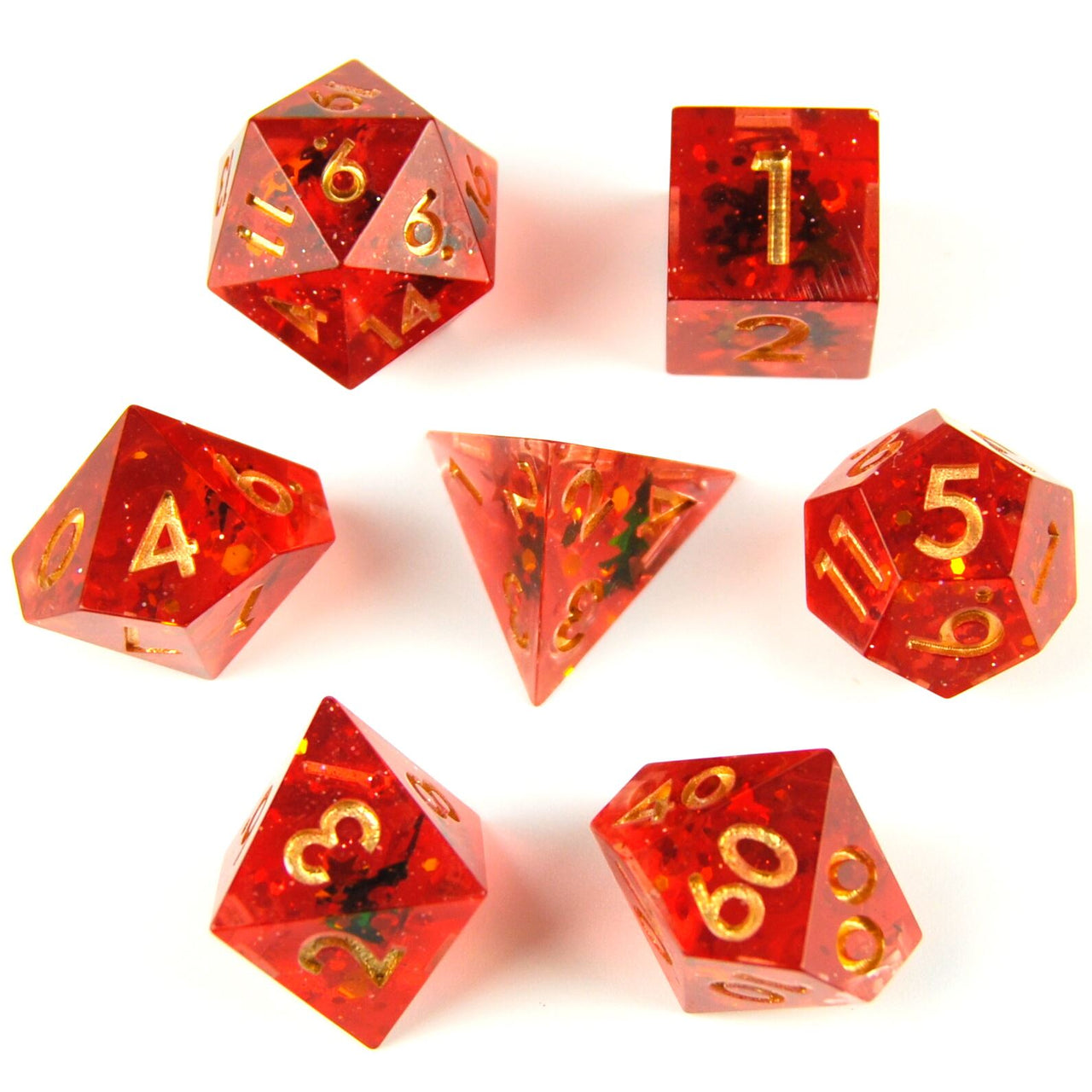 Snow in Red & Clear Filled Sharp Resin - 7pcs RPG Dice Set