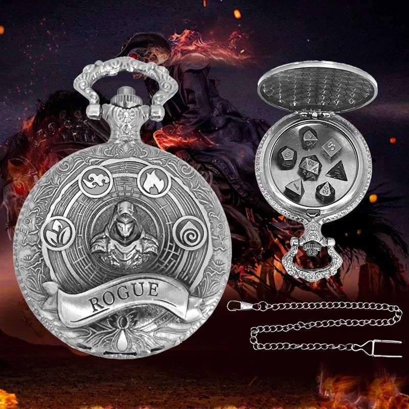 Roque on Silver Pocket Watch with Mini Dice - Pendant