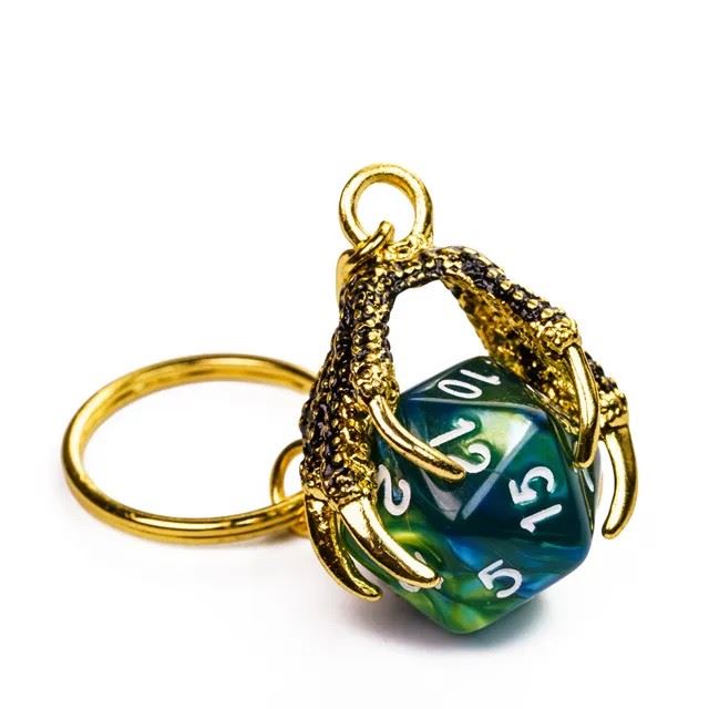 Green & Blue Acrylic in  Gold Metal Claw - D20 Keyring