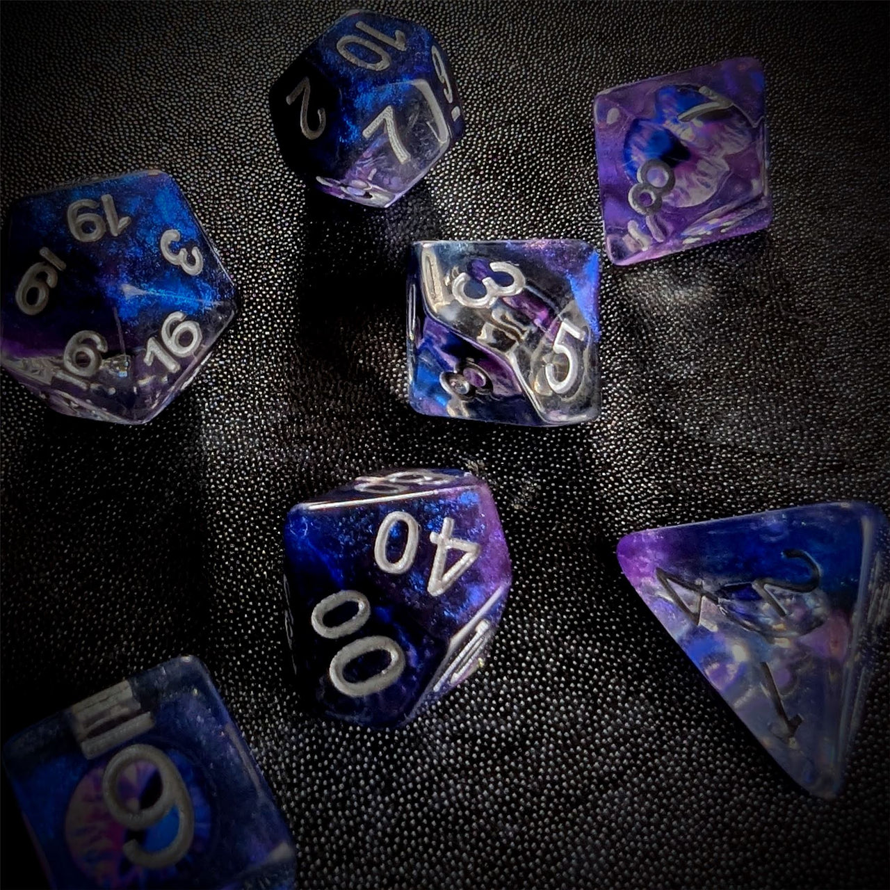 Demon Eye in Clear & Purple Resin - 7pcs RPG Full Dice Set