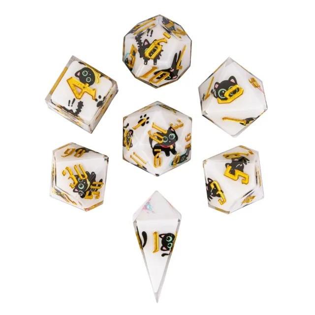 7pcs Dice Sharp Filled Cat Gold Font White