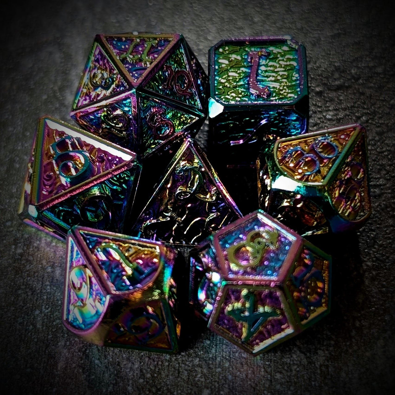 Rainbow Metal with Dragon Font - 7pcs RPG Dice Set