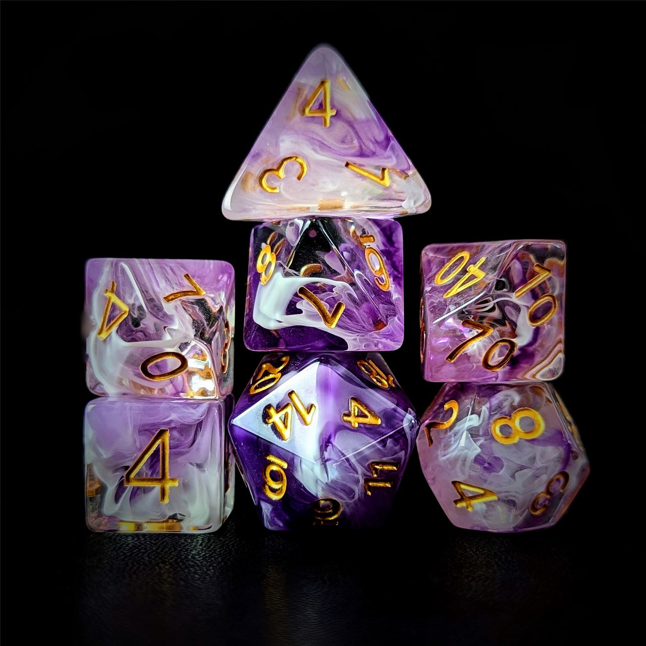 Purple & White Swirl in Clear Resin - 7pcs RPG Full Dice Set