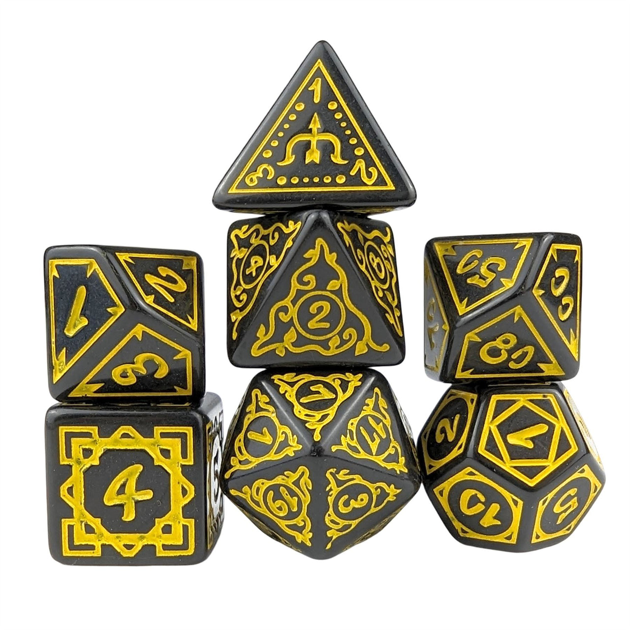 Yellow Vines on Black Acrylic - 7pcs RPG Full Dice Set White Stack