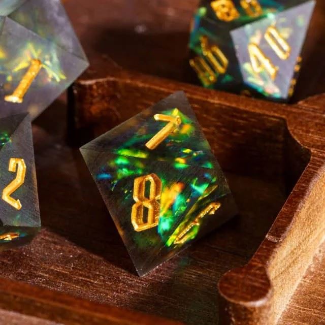 Green Candy in Frosted Black Sharp Resin - 7pcs RPG Dice Set