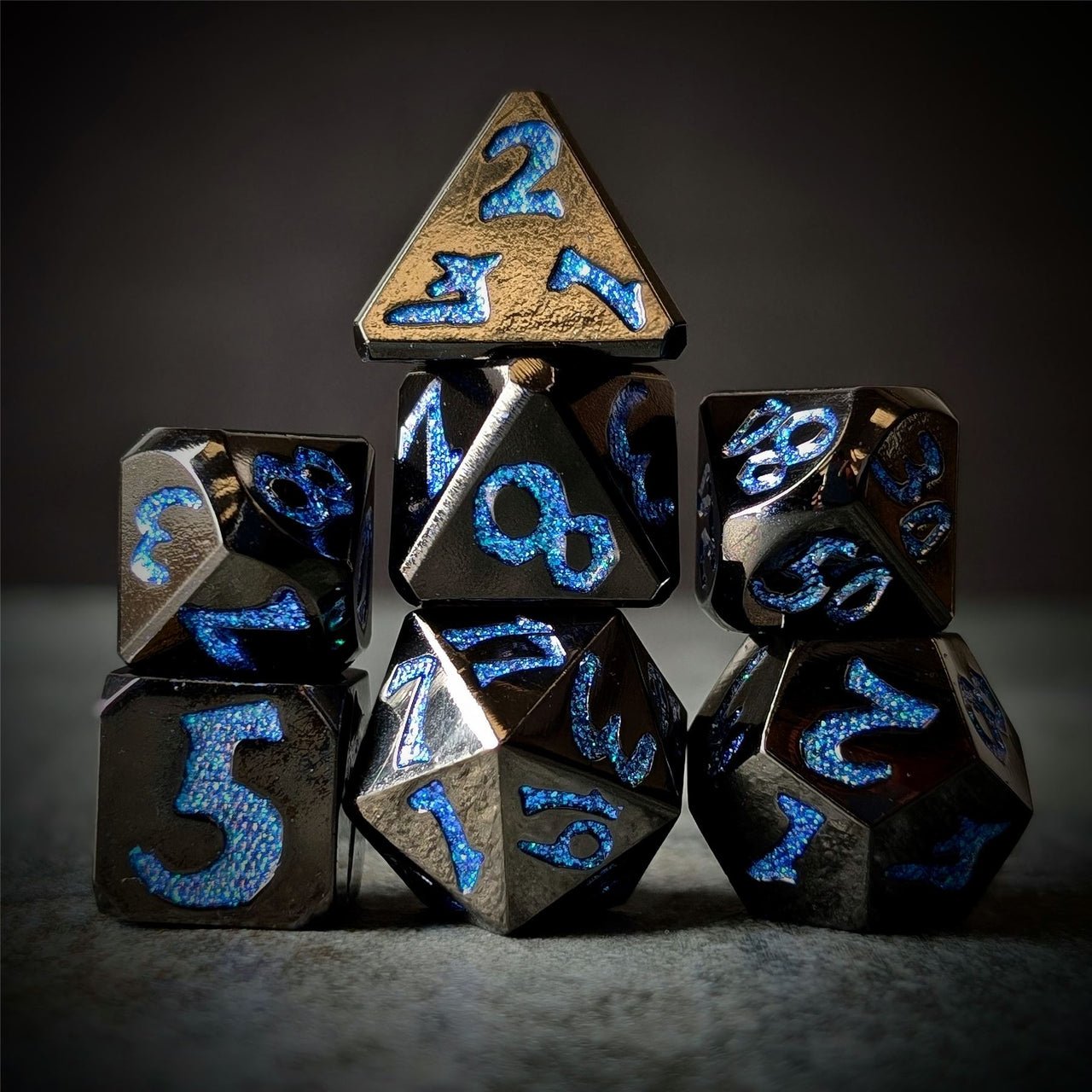 Blue Font in Black Metal - 7pcs RPG Dice Set