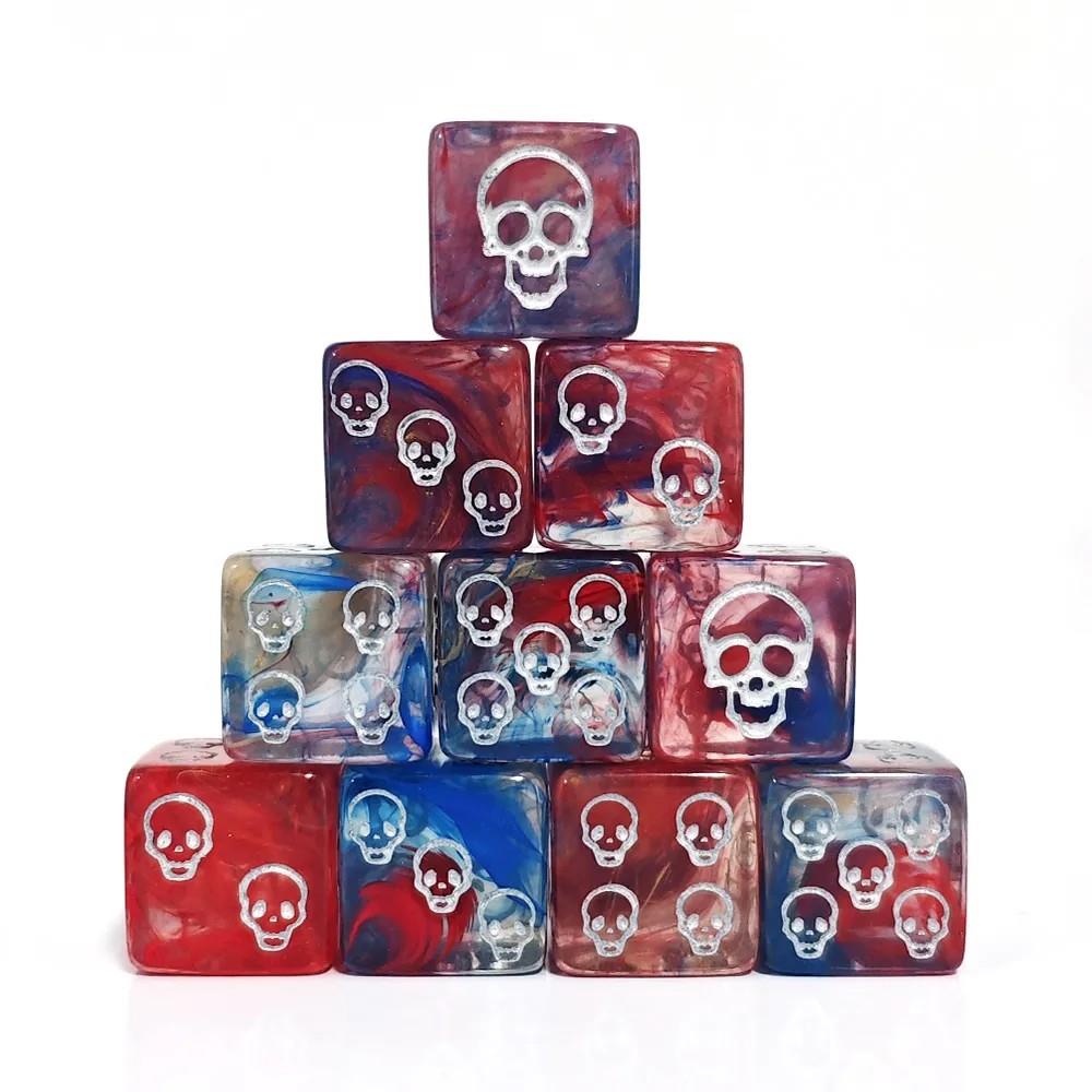 6pcs D6 16mm Dice Acrylic Swirl Skull Pip White Font Clear Blue Red